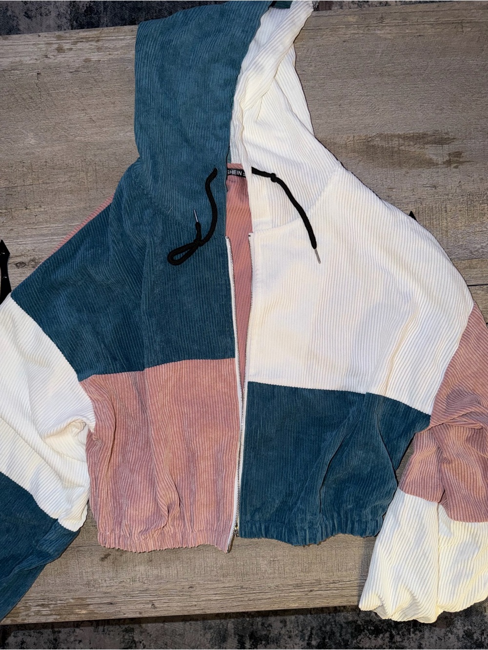 SHEIN Colorblock Corduroy Hooded Jacket in Teal, Pink & White